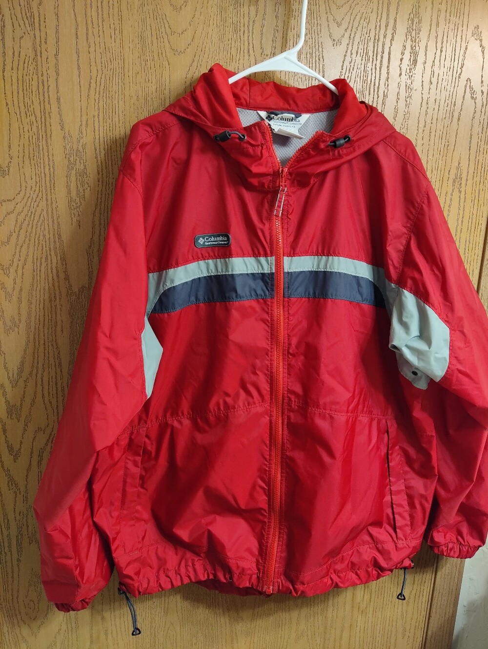 Columbia Red Hooded Windbreaker with Navy and Gray Stripes